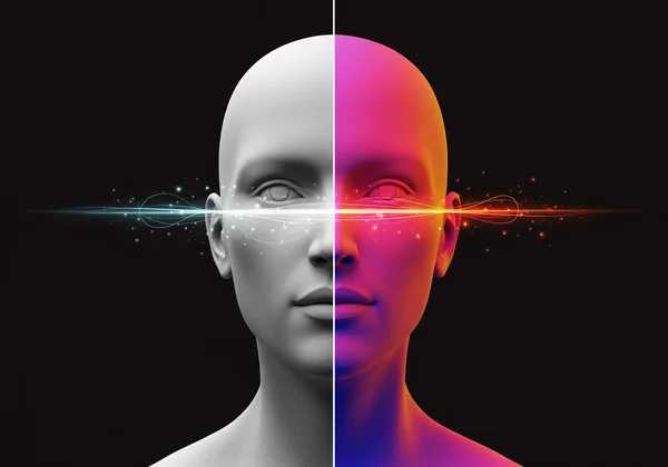 Person transitioning from black and white to full color, showing personality depth.