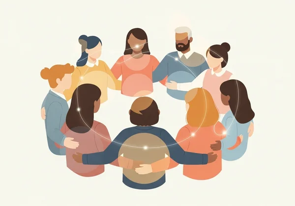 A diverse group of people engaged in a supportive and open discussion in a bright, welcoming space.