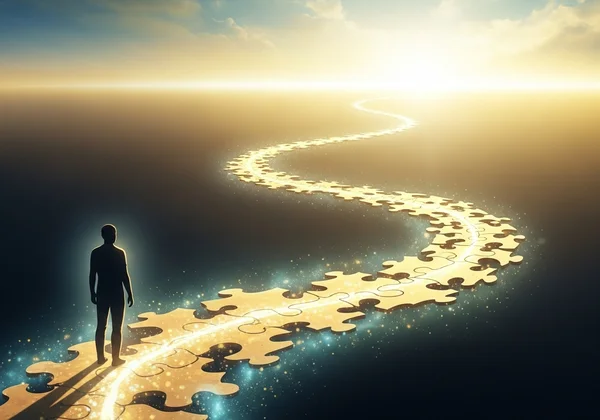 A person on a glowing path symbolizing self-discovery journey.