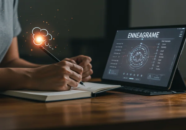 Orang ramai menulis jurnal, merenung dengan ujian Enneagram pada skrin.