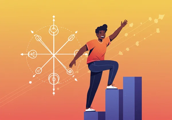 A person confidently achieving goals, with Enneagram symbol
