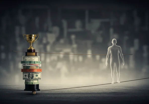 Person balancing accomplishments vs. inner self, showing fear