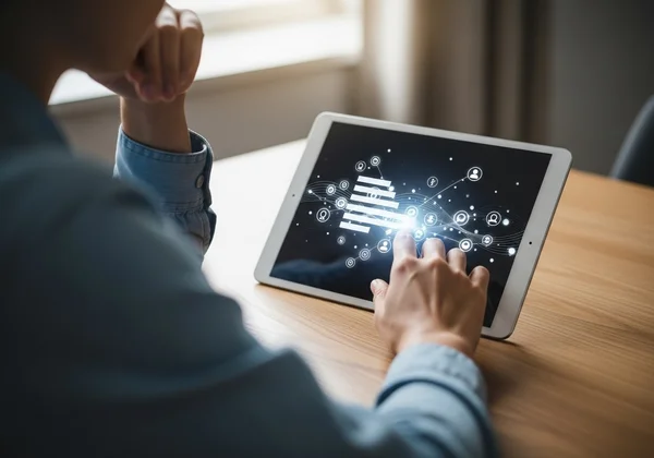A person sitting at a desk, thoughtfully filling out a self-assessment form on a tablet.