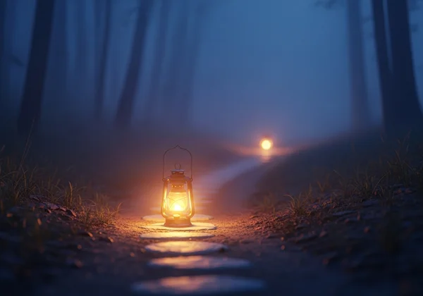 A warm lantern casting a gentle light on a path in a peaceful forest, symbolizing guidance.